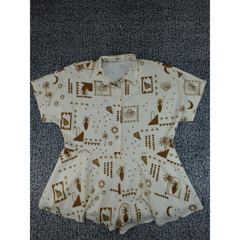 Commense Romper Women Large Cream Brown Tropical Celestial Print Short Sleeve L